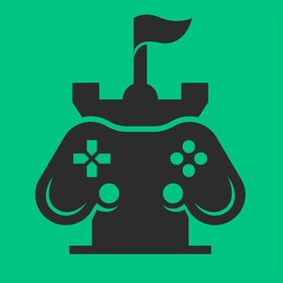 The Basement Fort logo. Dark illustration on green background. A flag waves from atop a castle tower in the shape of a video game controller.